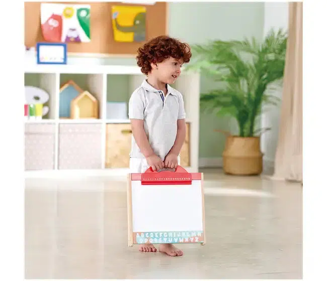 Hape Store & Go Easel Folding Double-Sided Tabletop Blackboard & Whiteboard with Chalk & Markers - Image 4